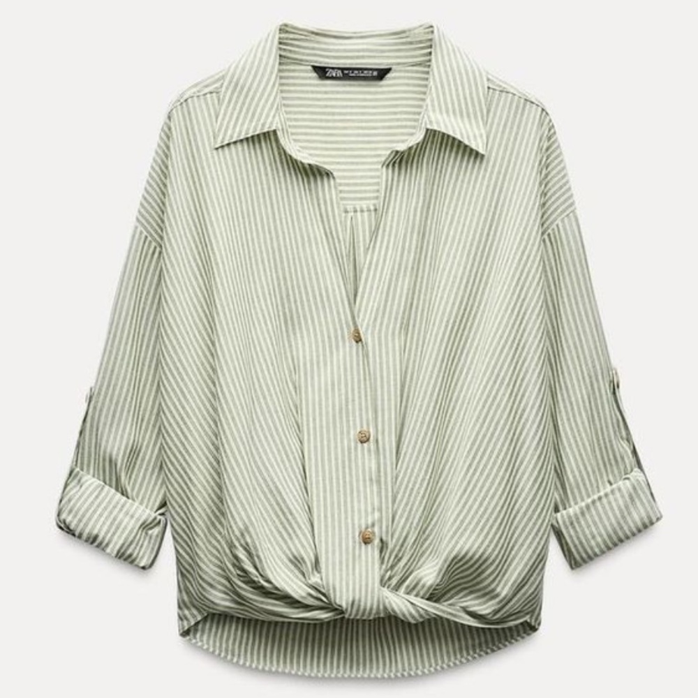 Zara Women's Green Striped Top with Metallic Thread